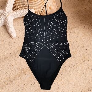 Xhilaration Silver Studded Black 1-Piece Swimsuit - Sz L